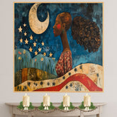 Powerful Woman Under Crescent Moon and Stars with Patriotic Motif, Folk Art Style 4th of July Scene Celebrating Strength, Nature, and Freedom on Ready to Hang 1.5" Thick Canvas Wrap, Floating Framed Canvas, Flat Rolled Canvas
